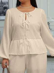 INAWLY Áo cánh rộng tay loe buộc nơ phía trước màu trơn cỡ lớn cho nữ, mùa xuân và mùa thu - Màu be - Xem 3