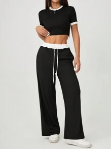 SHEIN PETITE Women's Summer Sexy Color-Blocked Round Neck Short-Sleeved T-Shirt + High-Waisted Lace-Up Trousers Two-Piece Set