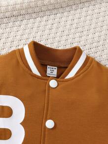 SHEIN Young Girl 2pcs Set: Colorblock Letter & Striped Print Button-Front Long Sleeve Jacket + Solid Color Pleated A-Line Skirt - Brown - View 7
