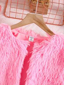 2pcs/Set Tween Girl Furry Short Jacket And Sequin Decorated Dress Set, Autumn/Winter - Pink - View 3
