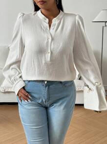 Flirla Plus Size Casual Textured Button Up Shirt, Autumn - White - View 7