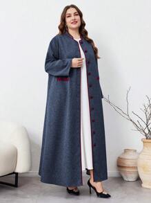 Al Najma 加大码拼色前扣长袖简约长袍，端庄优雅的阿拉伯长裙，适合旅行/休闲/居家/度假，长袍长袍 - 藏蓝色 - 查看 6