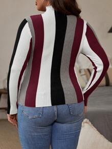 SHEIN Clasi Plus Size Zipper Closure Long Sleeve Striped Minimalist Pullover Knit Sweater - Burgundy - View 2