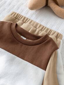 Cozy Pixies 2pcs Baby Boy Contrast Color Soft Knit Crew Neck Long Sleeve Sweatshirt And Jogger Pants Set - Multicolor - View 6