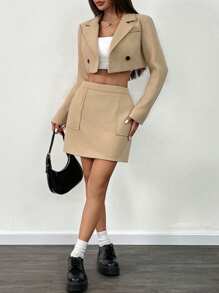 Chiquease 2pcs Khaki Blazer Jacket With Double Pockets And A-Line Skirt Suit Set, Stylish