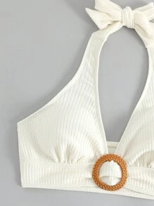 SHEIN Swim Bộ Bikini Nữ Nhẫn Buộc lại màu trơn - Màu be - Xem 3