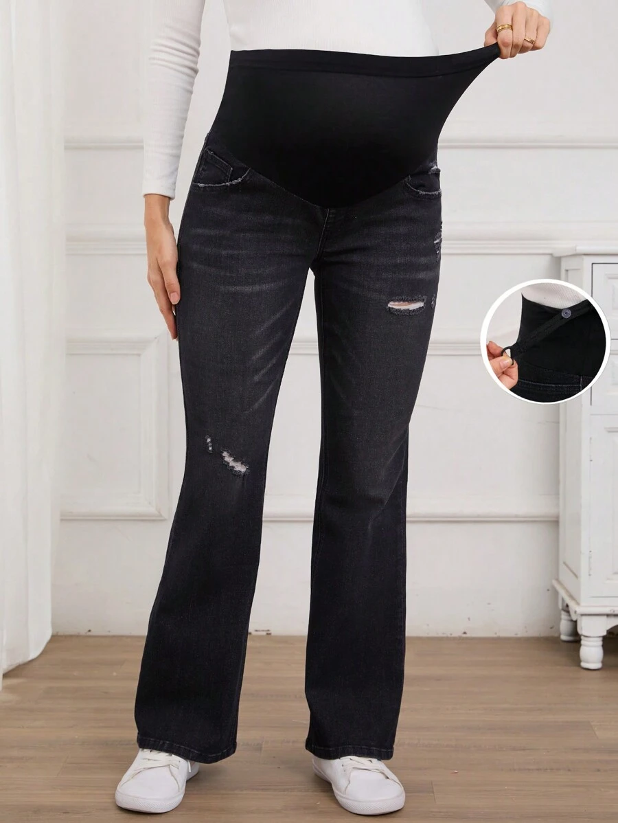 SHEIN Maternity Adjustable Waist Ripped Casual Flare Leg Jeans - Black - View 1