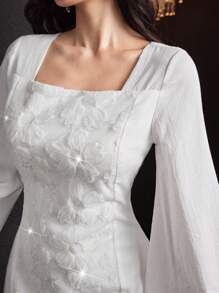 Modelyn Women's Solid Color Square Neck Floral Applique Elegant Long Sleeve Dress