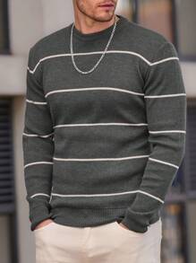 RueChic Men's Classic Slim Fit Striped Knitted Sweater - Dark Grey - View 1