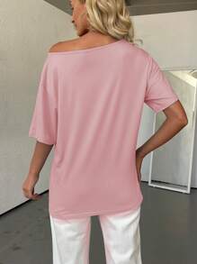 INAWLY Áo thun nữ tay lỡ màu trơn dáng rộng thường ngày - Màu Hồng baby - Xem 2