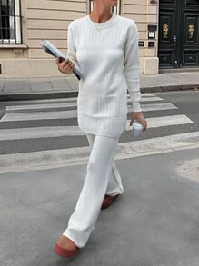 EURMUSE Casual Crew Neck Rib Knit Combined Cable Knit Sweater & Wide Leg Rib Knit Sweater Pants 2 Piece Knit Set - Apricot - View 1