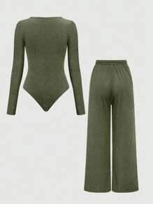 Franclia 2pcs Setelan Wanita Musim Gugur Warna Polos Kerah Persegi Lengan Panjang Bodysuit dan Celana Lebar, Set Pakaian Kasual Longgar untuk Musim Gugur - Hijau Tentara - View 2