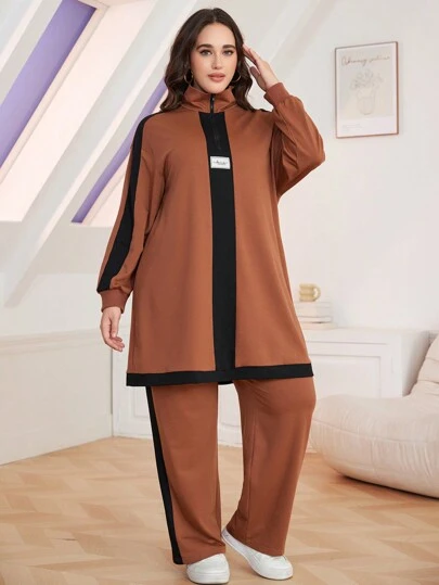 Lacomfia 2pcs Plus Size Casual Color Block Stand Collar Loose Top And Pants Set, Autumn 2 Pieces Set Fall Cloth For Women