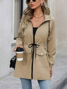 SHEIN LUNE 1pc Women Regular Hooded Cinched Waist Jacket - Khaki - View 5
