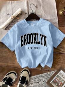 SHEIN EZwear Áo thun ngắn tay cổ tròn in họa tiết tiếng Anh Mỹ cổ điển tối giản 3 món/bộ, mùa hè - Nhiều màu - Xem 5