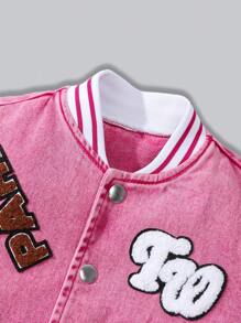 Young Girl Vintage American Style Street Fashion Colorblock Striped Ribbed Teddy Bear Letter Embroidery Collar Long Sleeve Pink Baseball Jacket