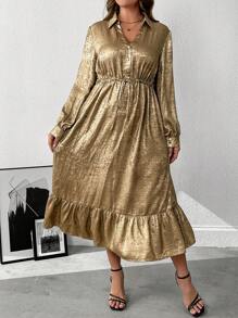 Flirla Women's V-Neck Long Sleeve Cinched Waist Drawstring Bell A-Line Patchwork Ruffles Dress, Gold Foil, Autumn/Winter - Gold - View 3