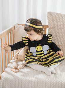 SHEIN Newborn Baby Girl Cute Bee Plush Decor Round Neck Ruffled Sleeve Striped Patchwork Dress With Horned Headband