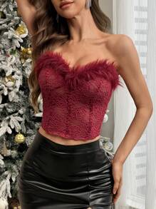 SHEIN Privé 女士羽毛露肩紧身胸衣短款上衣 - 酒紅色 - 查看 6