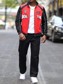 Manfinity Homme 2pcs Men's Color Block Patchwork Front Zip Long Sleeve Letter Print Minimalist Jacket & Pants, Men Tracksuit, Men Two Pieces Outfits, Men Clothes - Multicolor - View 1