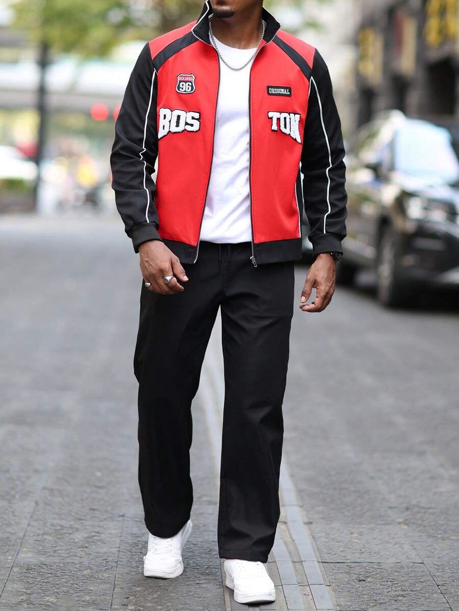 Manfinity Homme 2pcs Men's Color Block Patchwork Front Zip Long Sleeve Letter Print Minimalist Jacket & Pants, Men Tracksuit, Men Two Pieces Outfits, Men Clothes - Multicolor - View 1