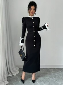 Gloray Women's Ruffle Stand Collar Flared Sleeve Fitted Fishtail Hem Elegant Long Dress, Autumn/Winter Maxi Women Outfit