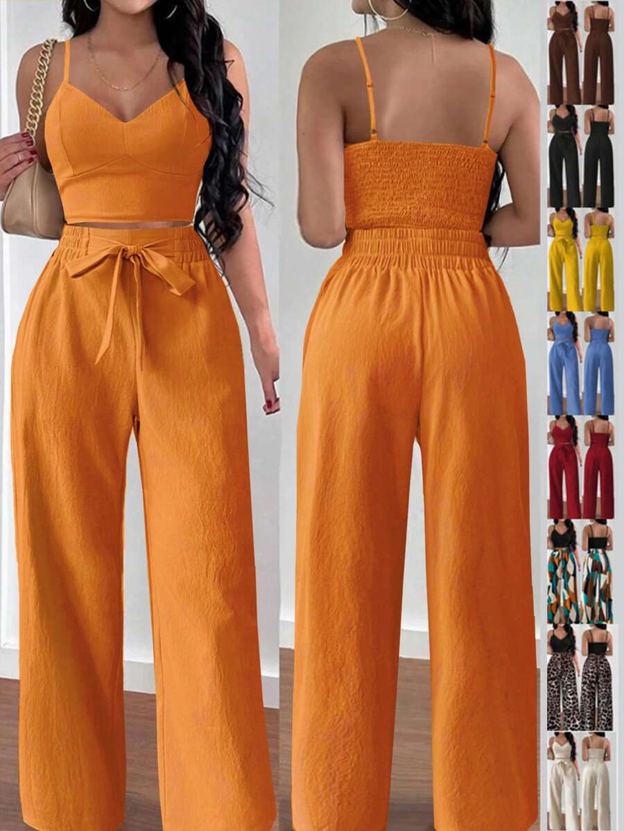 Chiquease 2 件套女士套装罩杯形吊带上衣和直筒裤，带蝴蝶结松紧腰带，适合度假 - 橘色 - 查看 1