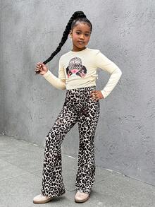 SHEIN Explorewe Tween Girl Digital Print Crew Neck Knit Long Sleeve Top & Knit Digital Print Simple Long Pants, Spring/Autumn - Apricot - View 1