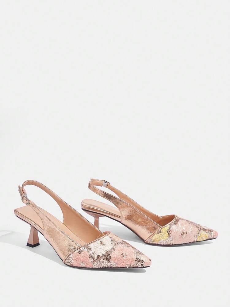 CUCCOO TILAWA Sexy Fashionable Champagne Sequin Pointed Toe Lacquered Heel Casual Versatile Backstrap Ladies High Heels For Christmas