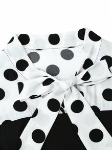 Plus Size Elegant Polka Dot Print Knot Detail Splicing Dress, Autumn Maxi Women Outfit Fall Cloth For Women - Black and White - View 5