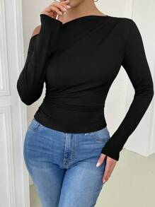 Selianne 女士纯色不对称褶皱长袖 T 恤，休闲日常穿着 - 黑色 - 查看 4