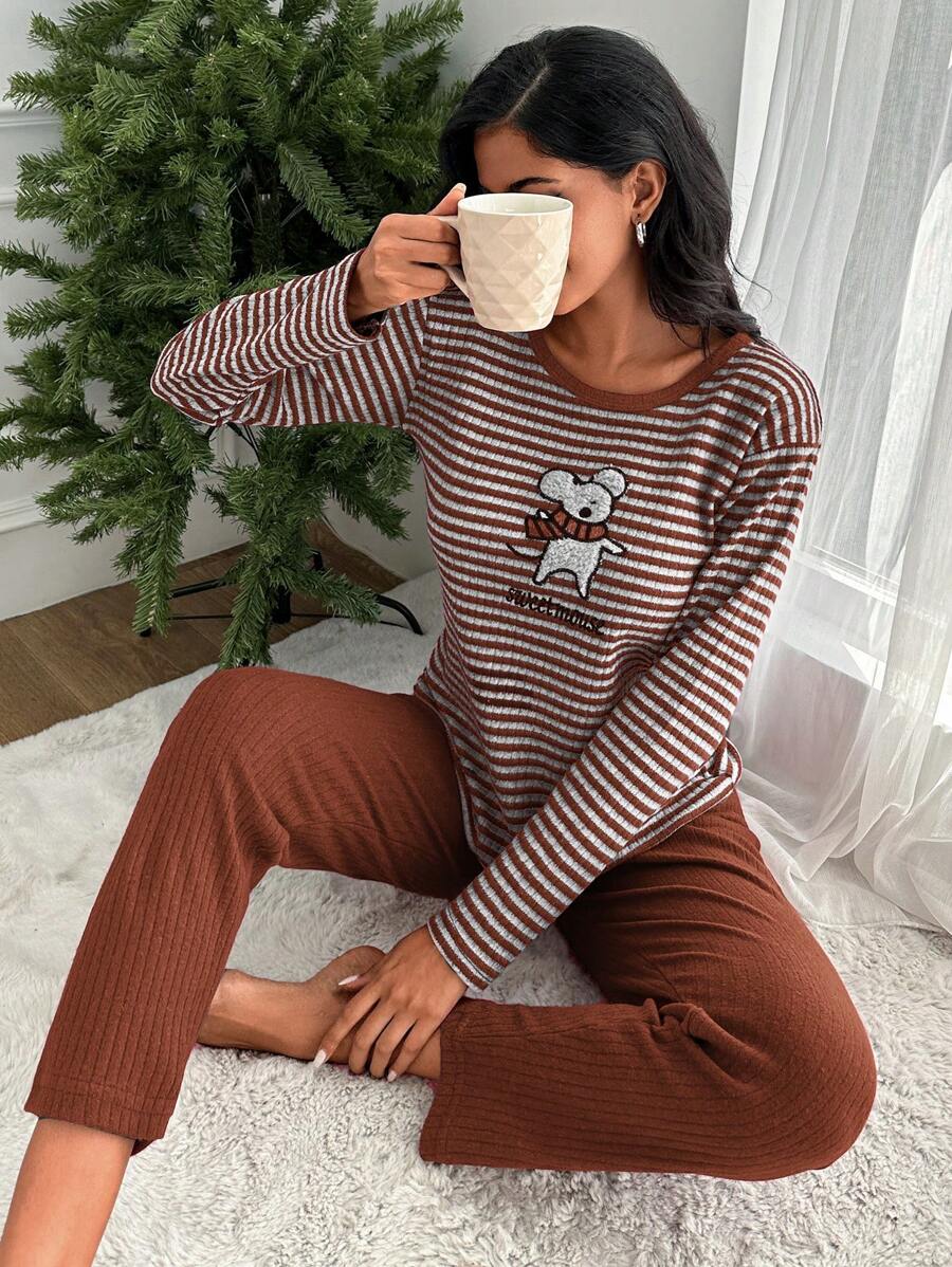 EURMUSE 100%Cotton Striped & Cartoon Graphic PJ Set - Coral Orange - View 1