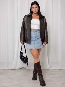 SHEIN EZwear Chaqueta de estilo vintage punk rock con solapa desgastada, para mujer talla grande, apta para otoño/invierno - Marrón - Ver 3
