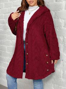 SHEIN LUNE Textured Plush Warm Comfortable Button Decorated Hooded Plus Size Jacket Winter Clothes Fall Autumn - Red - View 1