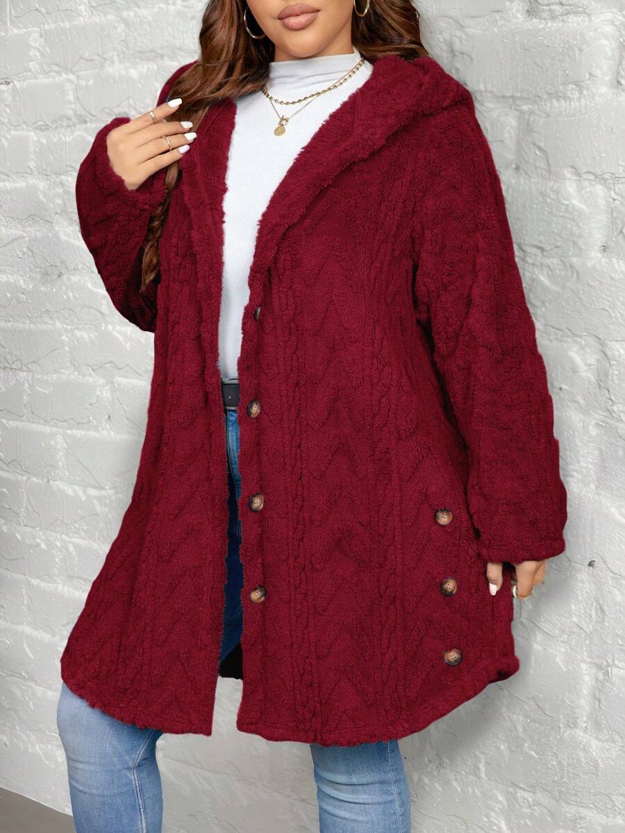 SHEIN LUNE Textured Plush Warm Comfortable Button Decorated Hooded Plus Size Jacket Winter Clothes Fall Autumn - Red - View 1