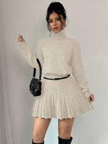 Chiquease 2pcs Set Of Solid Color Loose Pleated Skirt And Turtleneck Sweater Casual Suit