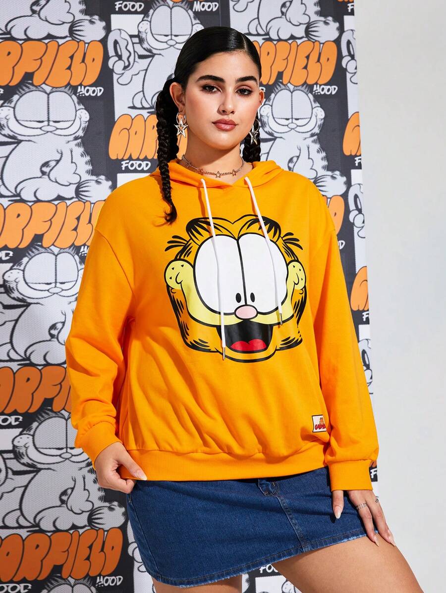 GARFIELD | SHEIN 大码街头风可爱卡通猫咪印花保暖针织面料刺绣贴片装饰宽松卫衣，冬季款 - 黃色 - 查看 1