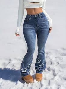 SHEIN PETITE Women's Low Rise Slim Fit Flare Jeans, Blue Stretch Denim,Country