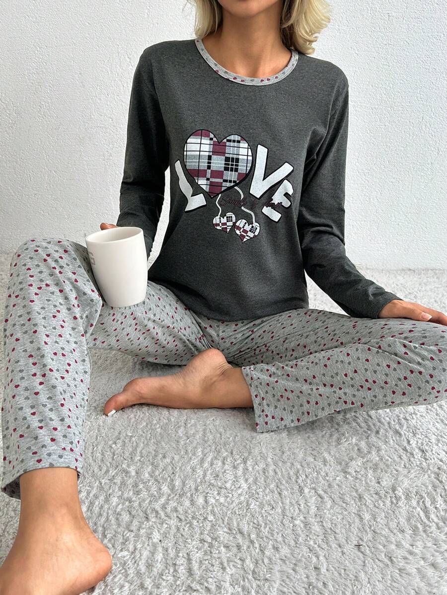 EURMUSE 100% 纯棉女士爱心印花圆领运动衫和睡裤两件套 - 深灰色 - 查看 1
