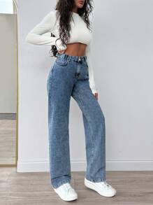 SHEIN Cottnline WOMEN STRAIGHT LOW WAIST JEANS - Medium Wash - View 4