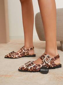 SHUZIA 女士畅销宽版野性豹纹露跟尖头平底鞋：全天舒适，配有粗扣、索环，精致朋克风格 - 彩色 - 查看 3