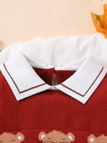 SHEIN Playful Pals 时尚男婴卡通印花领长袖毛衣上衣和针织裤针织套装，适合圣诞节 - 彩色 - 查看 4