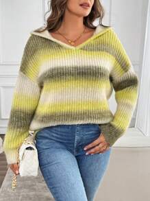 EMERY ROSE Plus Size Women Ombre Color Hooded Loose Long Sleeve Pullover Knit Sweatshirt, Comfortable For Home, Autumn/Winter - Multicolor - View 5