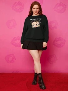 Betty Boop x SHEIN Plus Size Retro Sexy Street Trendy Y2k Herfst Zwart Klassiek Cartoon Portret Print Lange Mouw Ronde Hals Sweatshirt