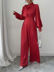 Selianne 女士优雅缎面连体裤，带超大蝴蝶结设计，长袖，阔腿，春秋季新年节日派对服装