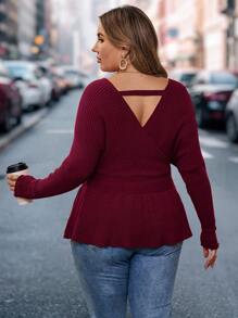 SHEIN LUNE Suéter de mujer de talla grande con cuello en V, dobladillo acampanado y espalda descubierta, color caramelo y rojo marrón, para otoño e invierno, elegante ropa de mujer, estilo campo