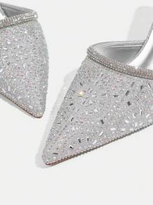 CUCCOO TILAWA Women Shoes Summer Rhinestone Glitters Upper Pointed Toe Mid-Heel Luxury Elegant Gorgeous Shining Silver Glitters Women's High-Heeled Shoes Mules High-Heeled Slippers Fashion Women's Shoes Slip-On Dress Shoes Party Banquet Wedding Formal Occasion Dress Shoes Fashion Party