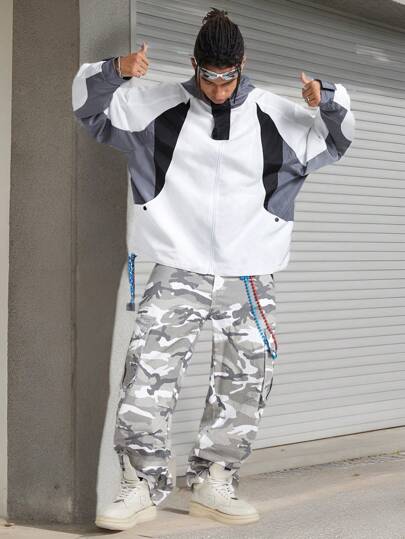 Manfinity VCAY Áo gió dài tay họa tiết vá đen trắng rộng rãi cho nam, dành cho mùa thu đông