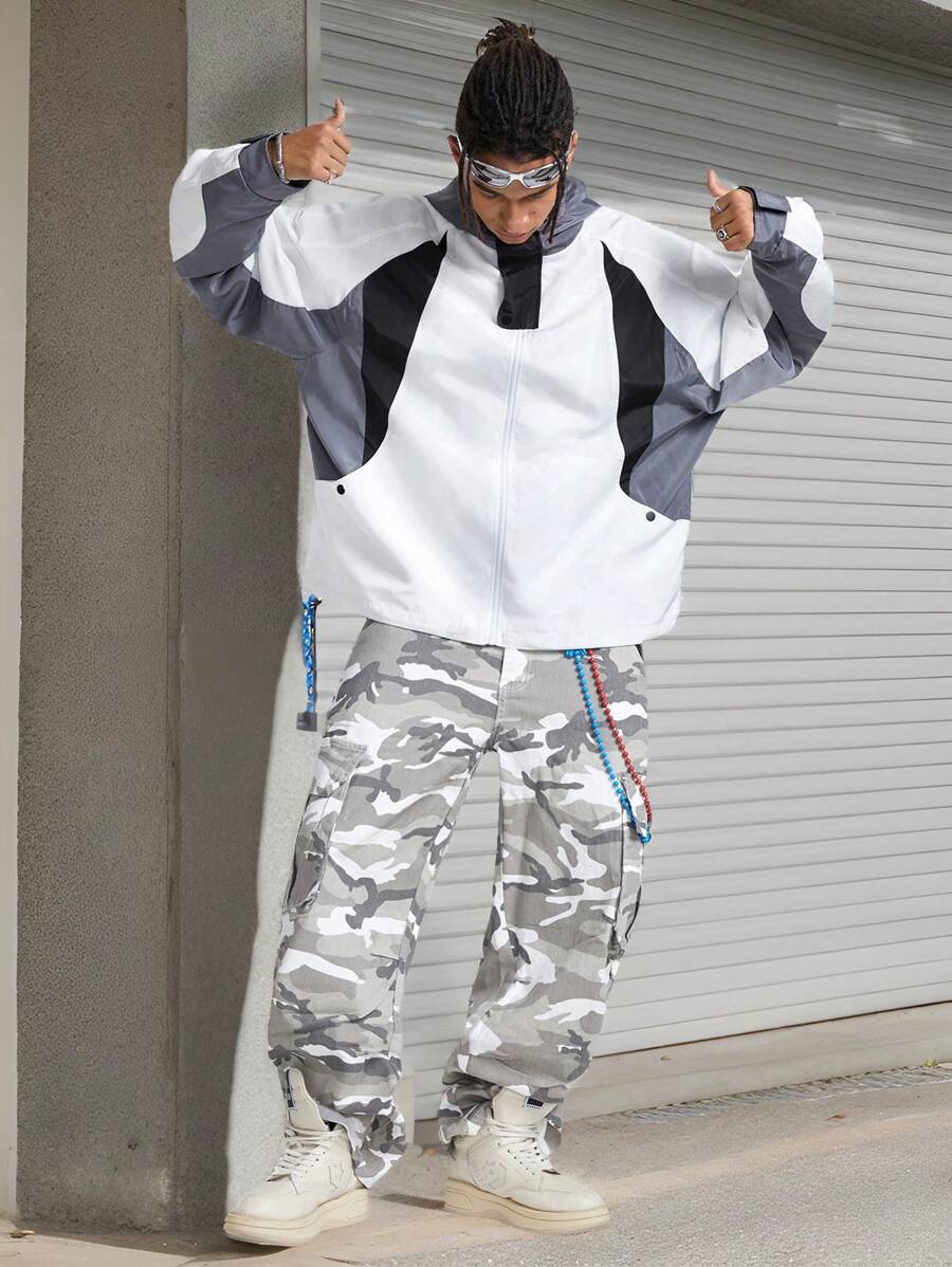 Manfinity NXTstreet 男士宽松黑白拼布长袖风衣,秋冬装 - 黑與白 - 查看 1
