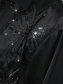 Maija 女士早春黑缎花卉串珠优雅亮片纽扣长袖衬衫，时尚派对装 - 黑色 - 查看 3